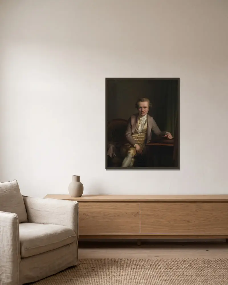 Gravören Johann Friderich Clemens vid sitt arbetsbord av Jens Juel inramad på en vägg