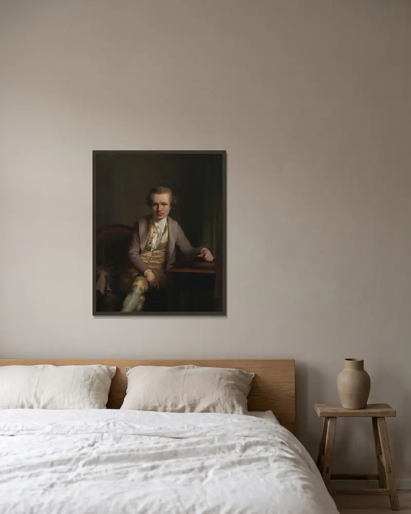 Gravören Johann Friderich Clemens vid sitt arbetsbord av Jens Juel inramad på en vägg