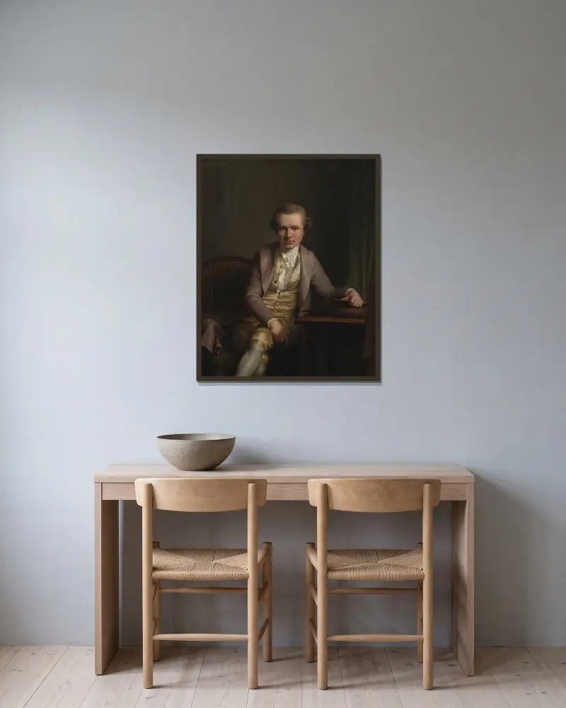 Gravören Johann Friderich Clemens vid sitt arbetsbord av Jens Juel inramad på en vägg