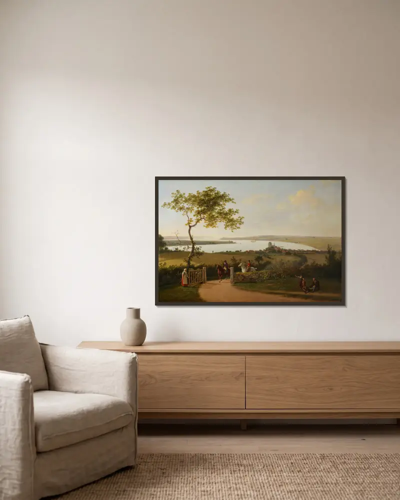 Blick über den Kleinen Belt von einem Hügel bei Middelfart, Fünen von Jens Juel gerahmt an einer Wand