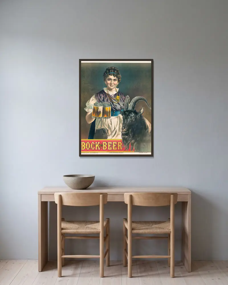 Bock Beer, original Bavarian beer girl & bock av Henry Jerome Schile inramad på en vägg