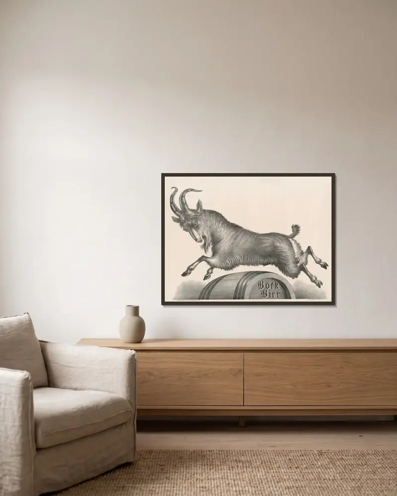 Bock Bier [goat jumping over barrel marked with title] av Henry Jerome Schile inramad på en vägg
