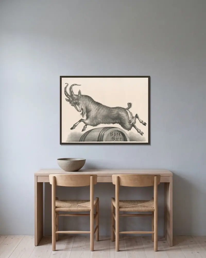 Bock Bier [goat jumping over barrel marked with title] av Henry Jerome Schile inramad på en vägg