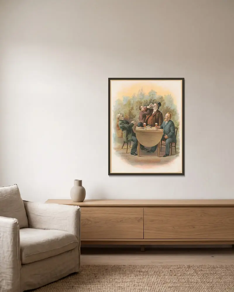 Fyra herrar vid ett bord utomhus, njutande av mat och dryck av Henry Jerome Schile inramad på en vägg