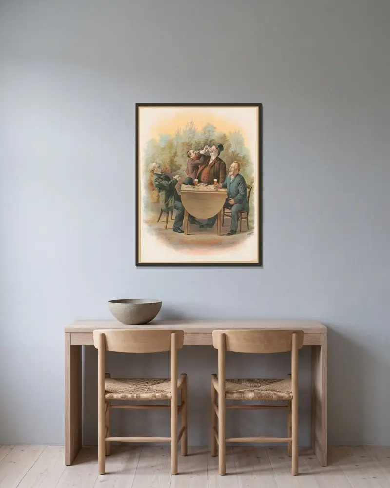 Fyra herrar vid ett bord utomhus, njutande av mat och dryck av Henry Jerome Schile inramad på en vägg