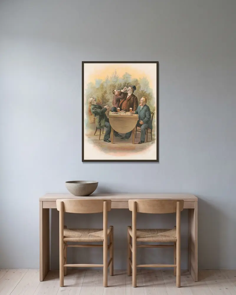 Fyra herrar vid ett bord utomhus, njutande mat och dryck av Henry Jerome Schile inramad på en vägg
