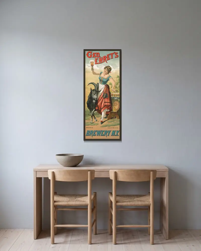 Geo. Ehret’s brewery, Munich beer girl av Henry Jerome Schile inramad på en vägg
