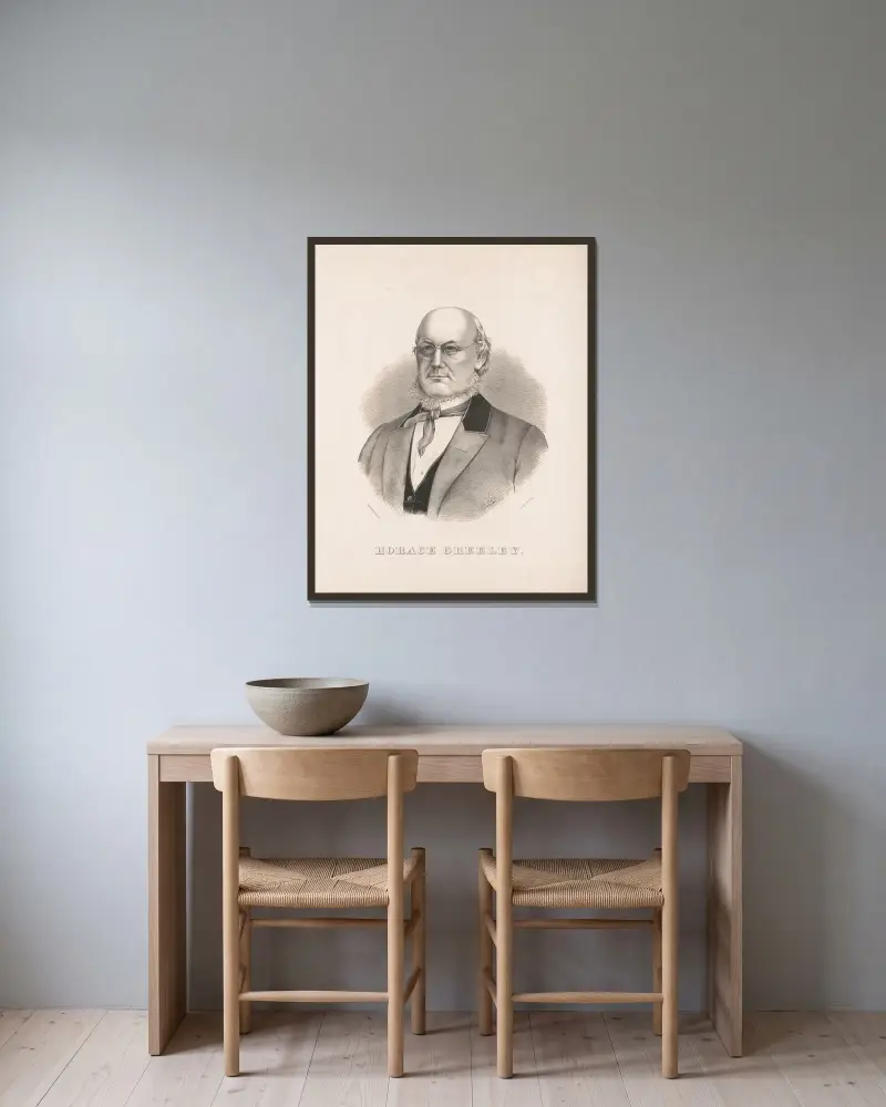 Horace Greeley av Henry Jerome Schile inramad på en vägg