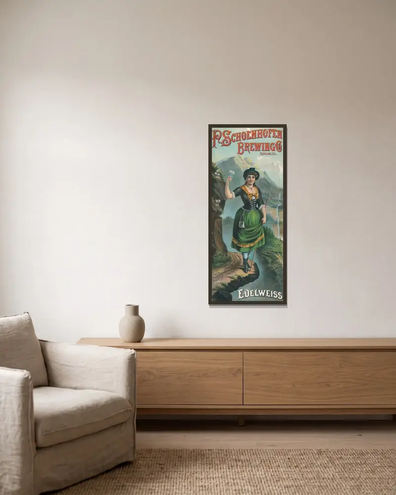 P. Schoenhofen Brewing Co., Chicago, Ill., edelweiss av Henry Jerome Schile inramad på en vägg