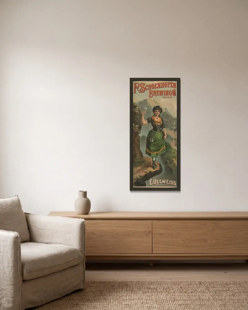 P. Schoenhofen Brewing Co., Chicago, Ill., edelweiss av Henry Jerome Schile inramad på en vägg