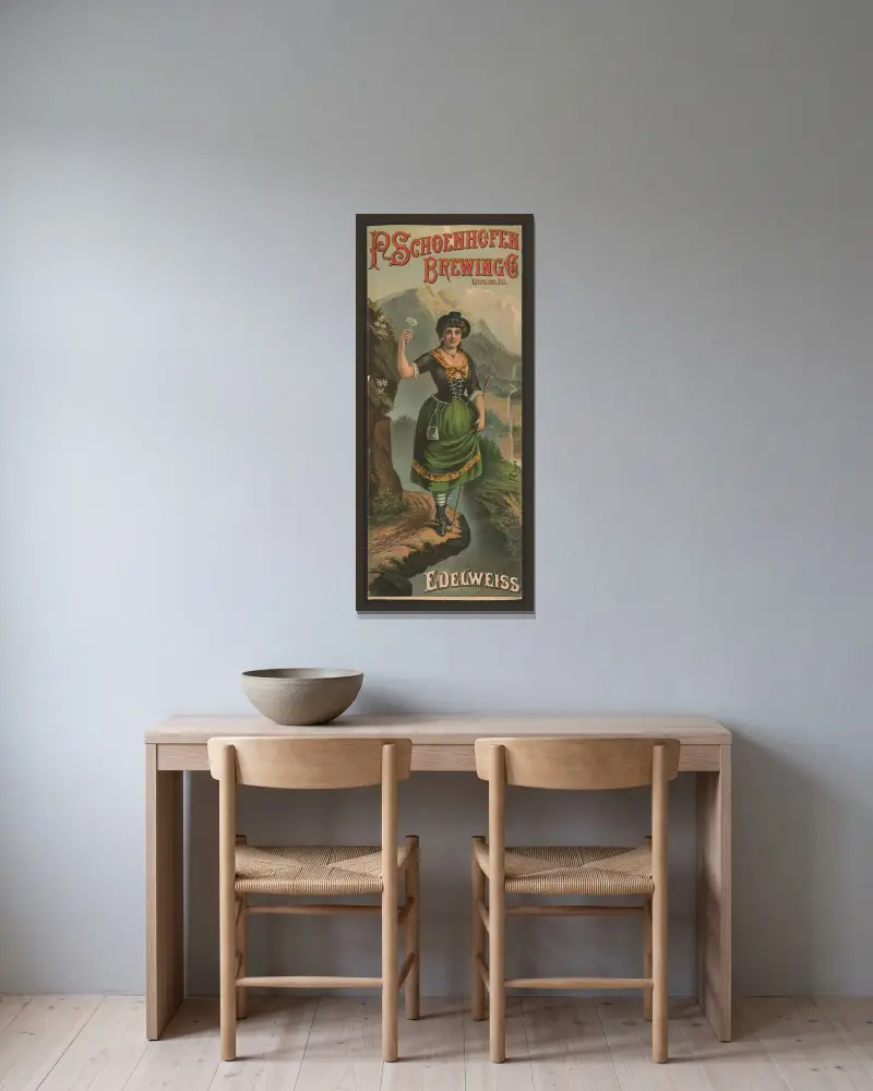 P. Schoenhofen Brewing Co., Chicago, Ill., edelweiss av Henry Jerome Schile inramad på en vägg