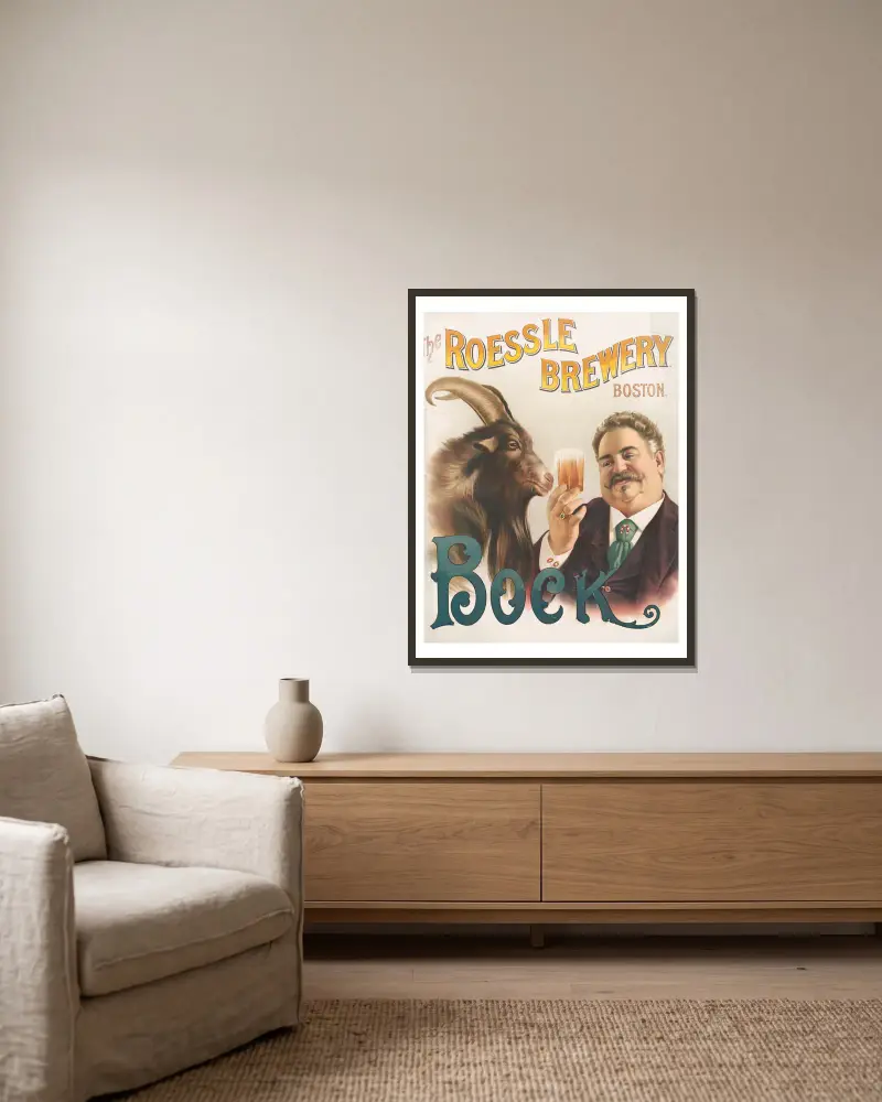 The Roessle Brewery Boston, Bock [sporting bock] av Henry Jerome Schile inramad på en vägg