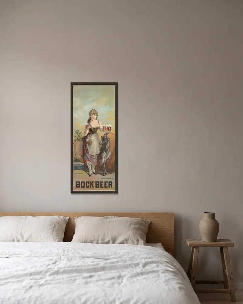 Bockölsposter med byflicka av Henry Jerome Schile inramad på en vägg