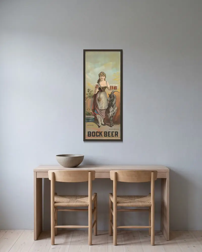 Bockölsposter med byflicka av Henry Jerome Schile inramad på en vägg