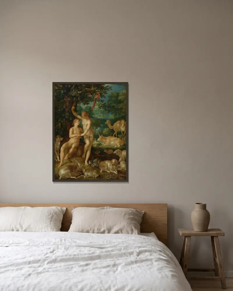 Adam And Eve – nr 1 av Joachim Wtewael inramad på en vägg