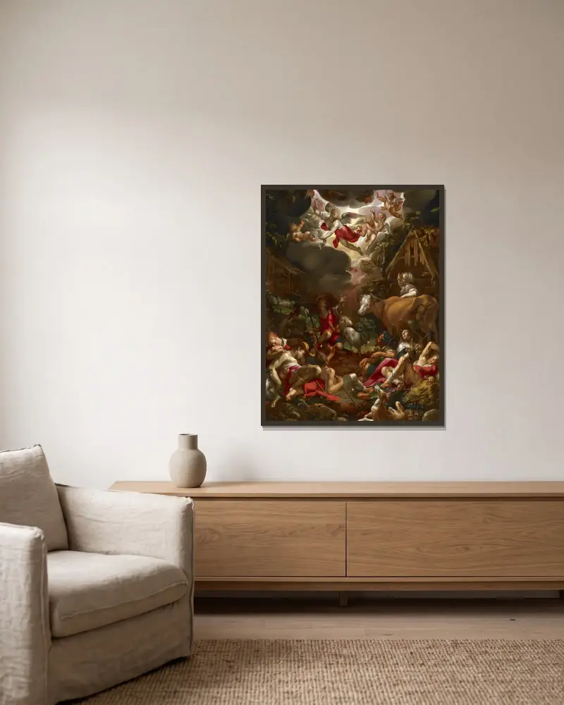 Annunciation To The Shepherds av Joachim Wtewael inramad på en vägg