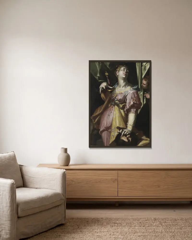 Judit med Holofernes huvud av Joachim Wtewael inramad på en vägg