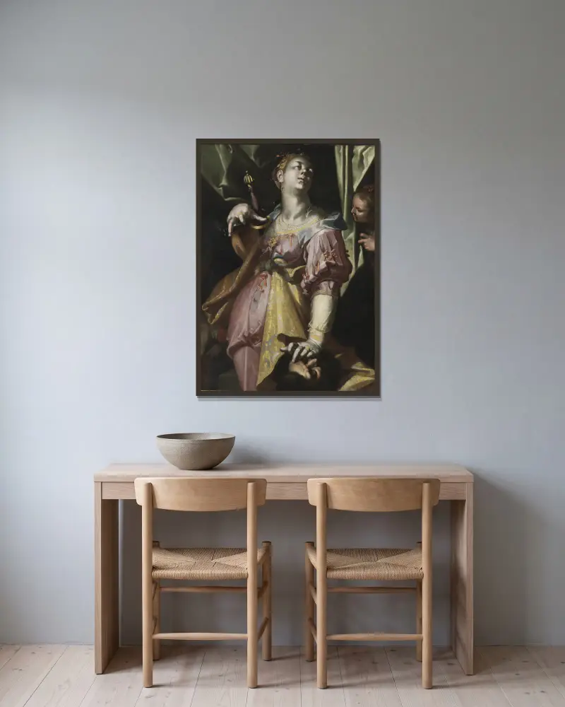 Judit med Holofernes huvud av Joachim Wtewael inramad på en vägg