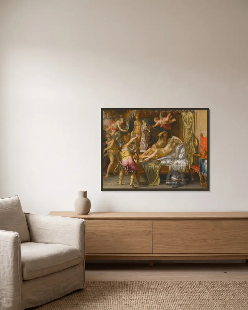 Mars And Venus Surprised By Vulcan – nr 1 av Joachim Wtewael inramad på en vägg
