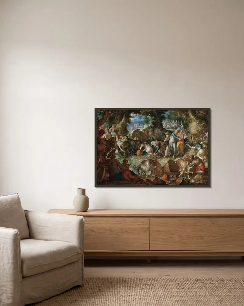 Moses Striking the Rock av Joachim Wtewael inramad på en vägg