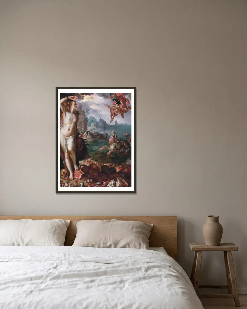 Perseus Releases Andromeda av Joachim Wtewael inramad på en vägg