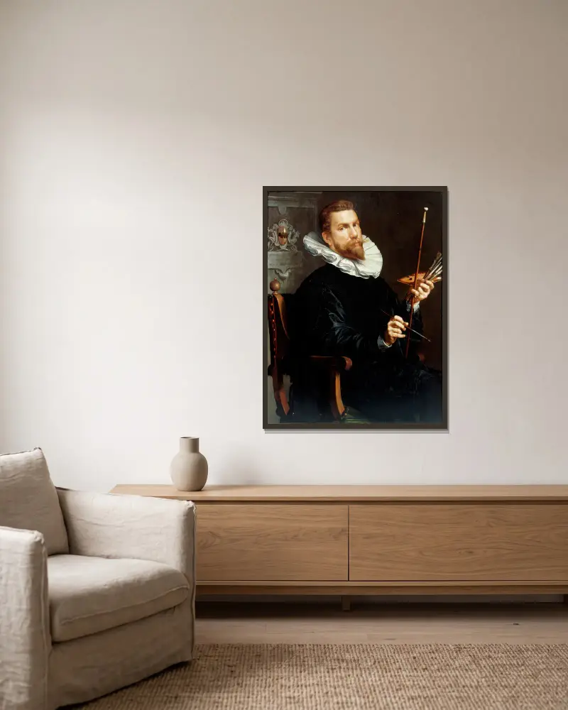 Selbstporträt von Joachim Wtewael gerahmt an einer Wand