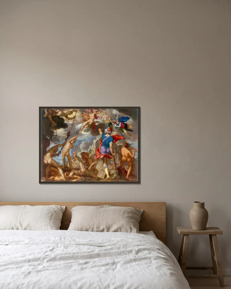 The Battle Between The Gods and The Giants av Joachim Wtewael inramad på en vägg