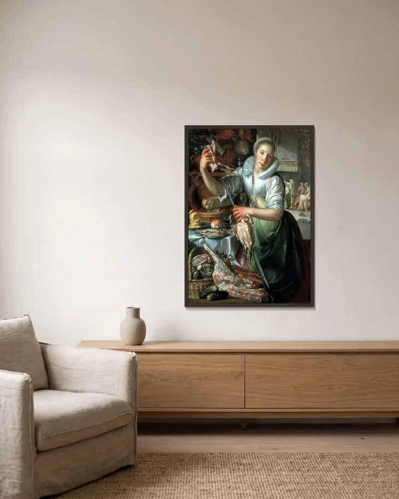 Das Küchenmädchen von Joachim Wtewael gerahmt an einer Wand