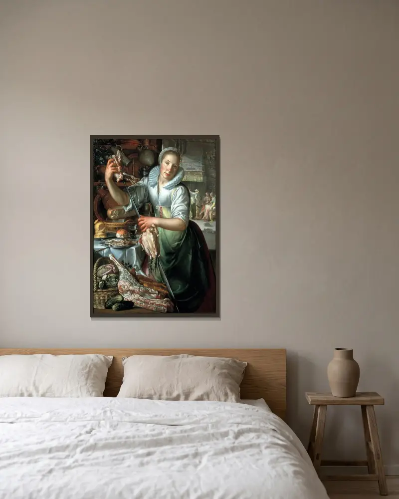 Das Küchenmädchen von Joachim Wtewael gerahmt an einer Wand