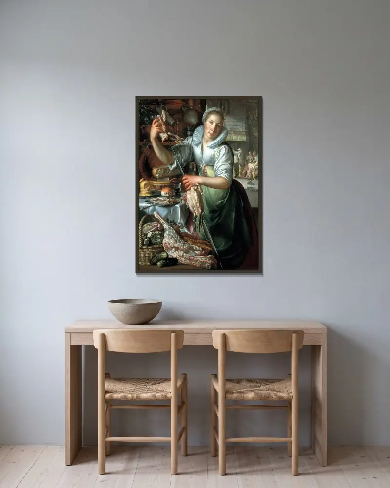 Das Küchenmädchen von Joachim Wtewael gerahmt an einer Wand