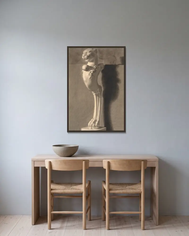 Tegning Efter Gips. Kopi Efter Antik Skulptur. Ornament Med Løvehoved Og -Fod av Joakim Skovgaard inramad på en vägg