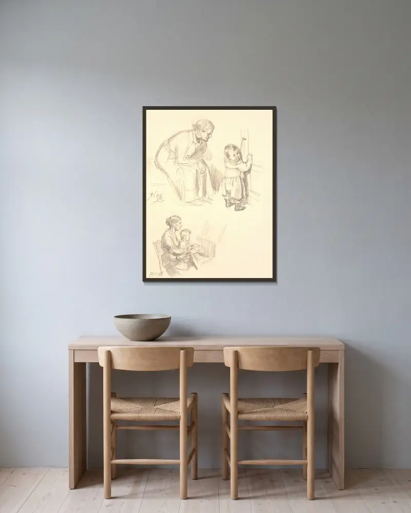 To figurstudier. Øverst en siddende kvinde som iagttager et barn ved en dør; nederst en kvinde med et banr ved klaveret av Joakim Skovgaard inramad på en vägg