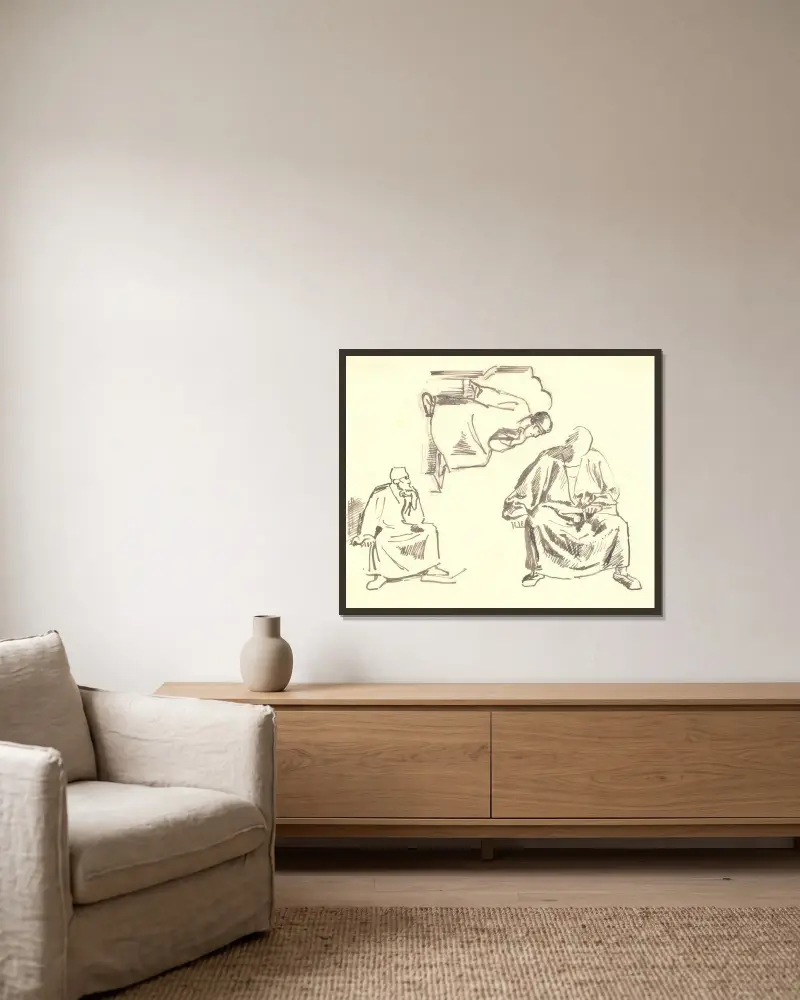Drei Studien eines sitzenden bärtigen Mannes. Saul von Joakim Skovgaard gerahmt an einer Wand