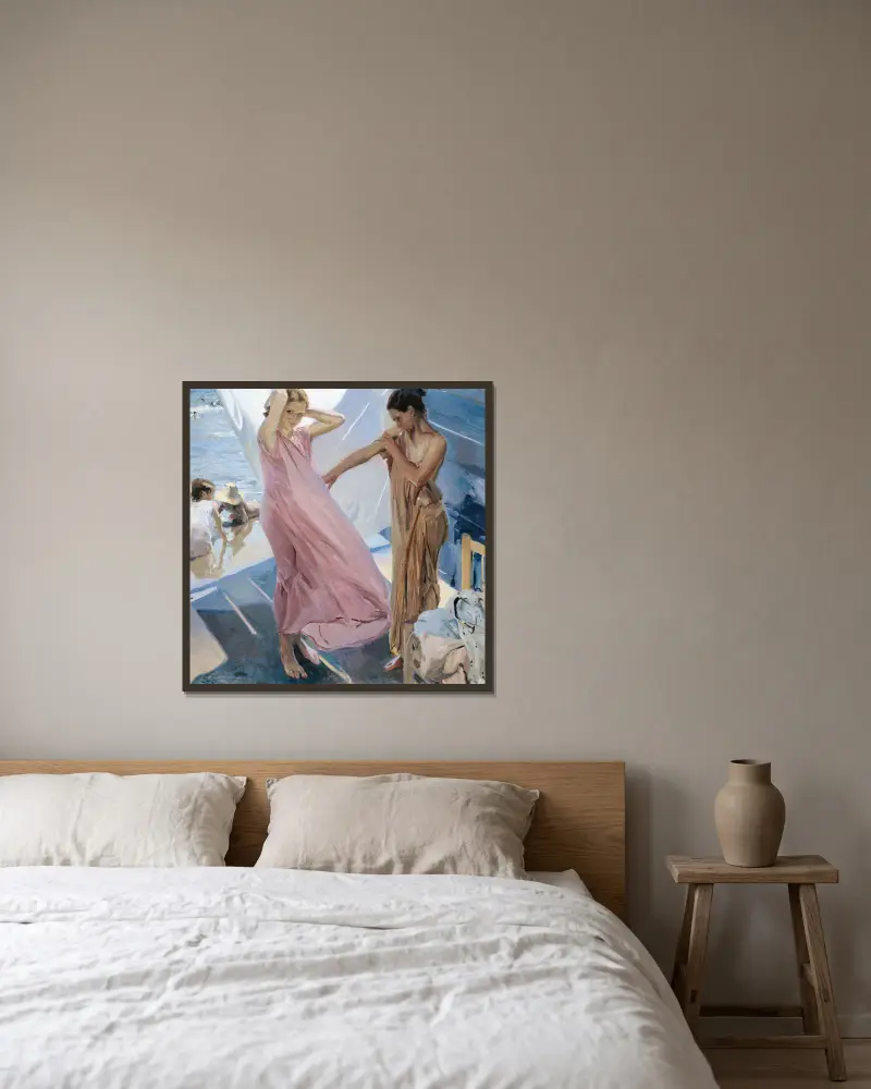 Po koupání, Valencie, Joaquín Sorolla v rámu na stěně