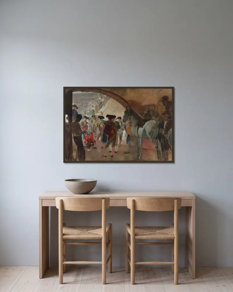 Vor dem Stierkampf von Joaquín Sorolla gerahmt an einer Wand