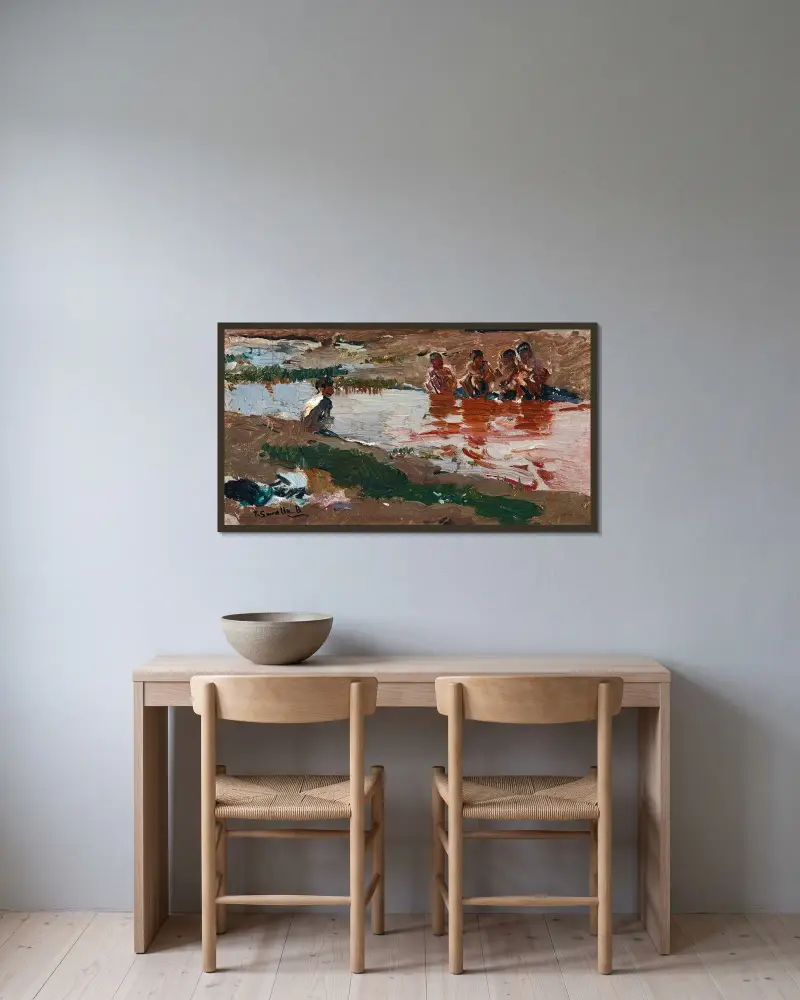 Am Fluss von Joaquín Sorolla gerahmt an einer Wand
