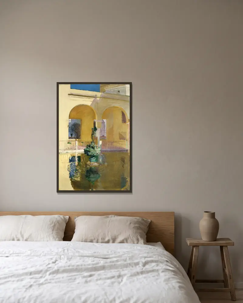 Dammen vid Karl V:s palats, Alcázar, Sevilla av Joaquín Sorolla inramad på en vägg