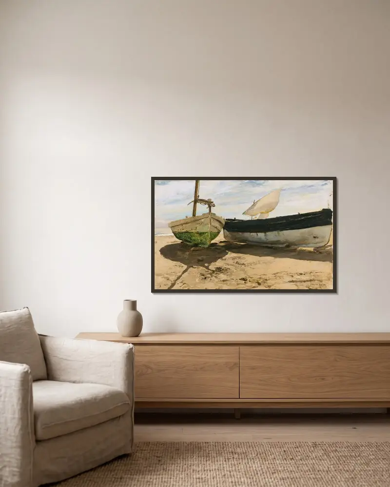 Fishing Boats On The Beach, Valencia av Joaquín Sorolla inramad på en vägg