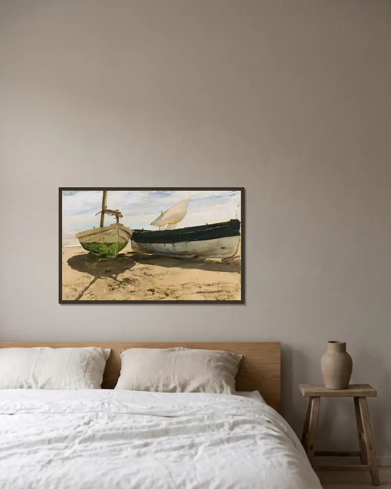 Fishing Boats On The Beach, Valencia av Joaquín Sorolla inramad på en vägg