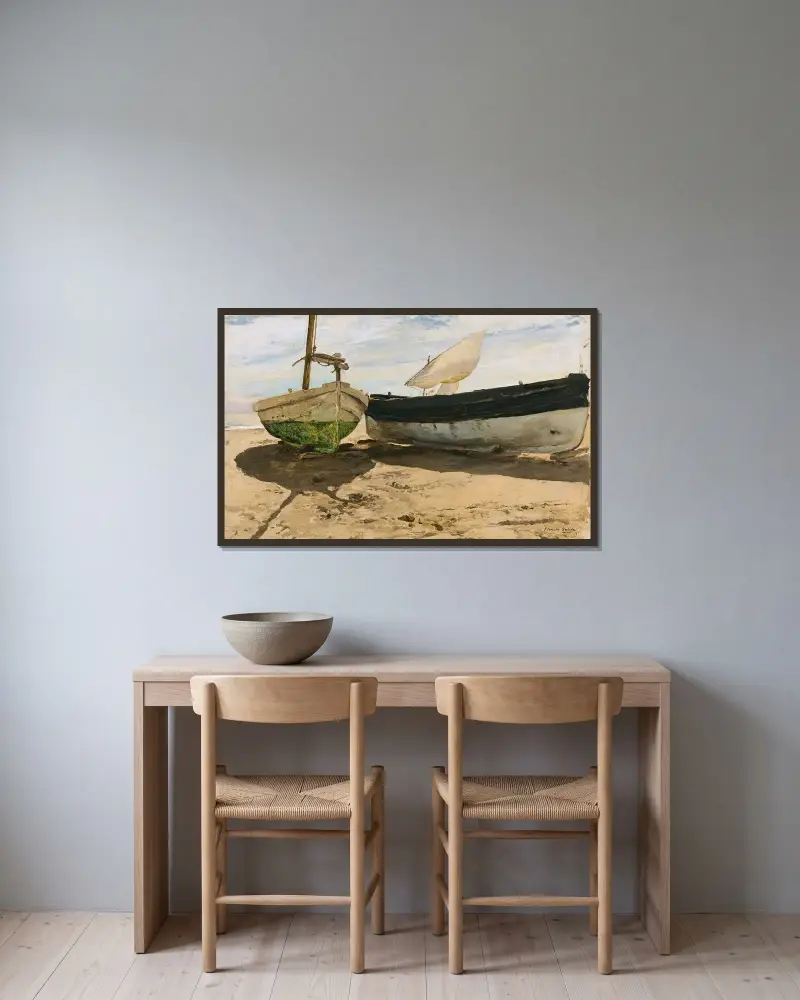 Fishing Boats On The Beach, Valencia av Joaquín Sorolla inramad på en vägg