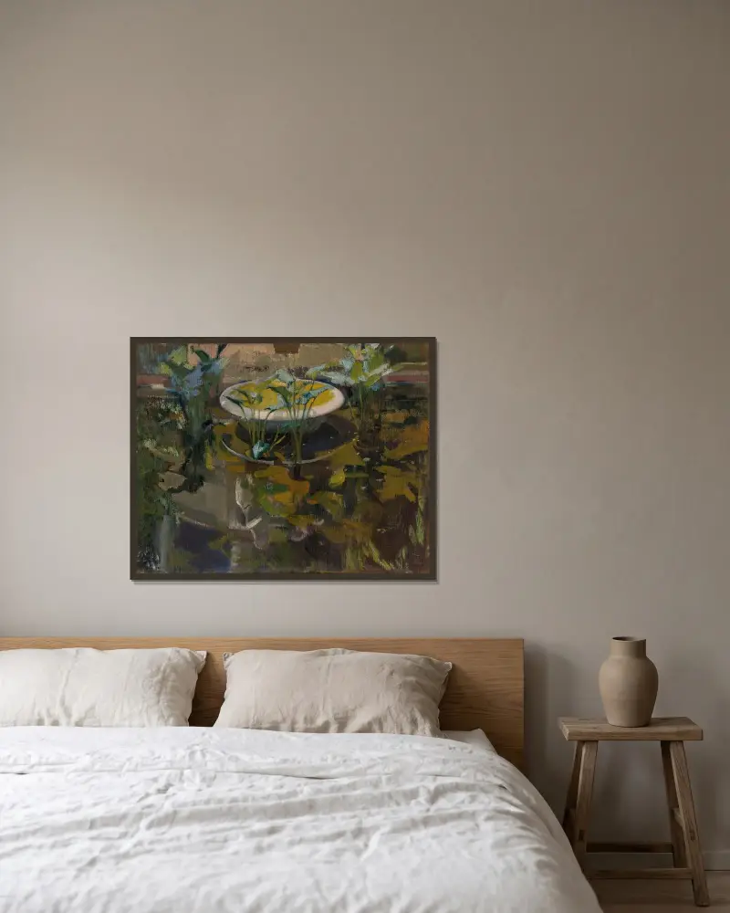 Trädgården vid konstnärens hus; speglingar i förtroendenas fontän av Joaquín Sorolla inramad på en vägg