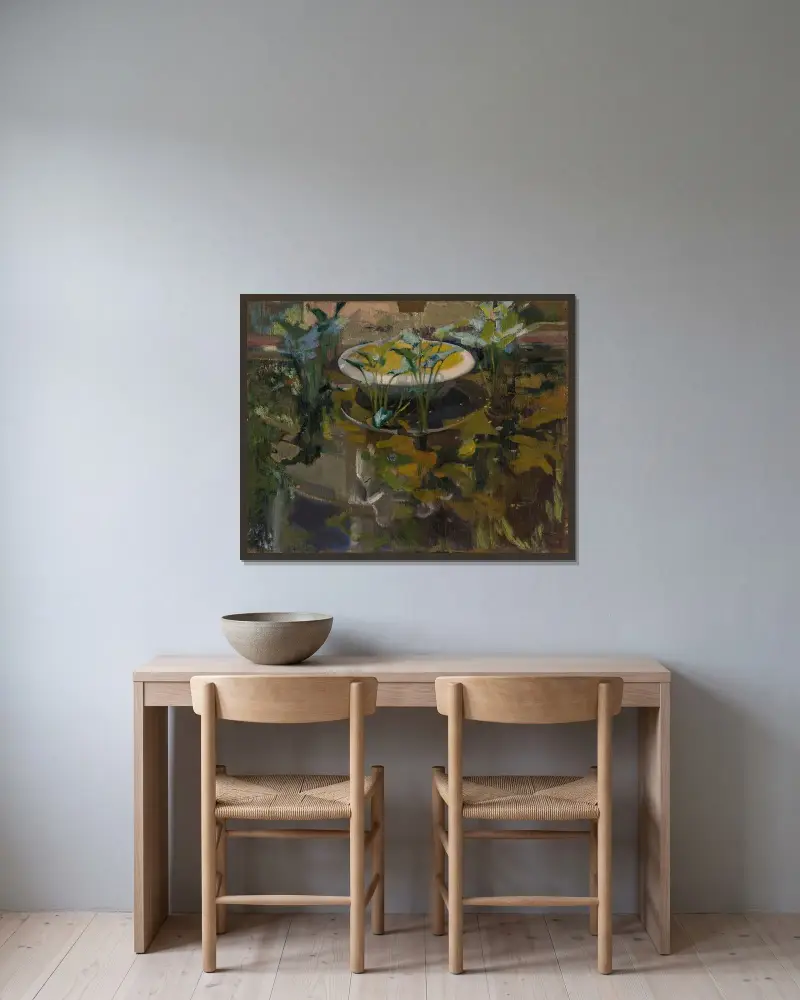 Trädgården vid konstnärens hus; speglingar i förtroendenas fontän av Joaquín Sorolla inramad på en vägg