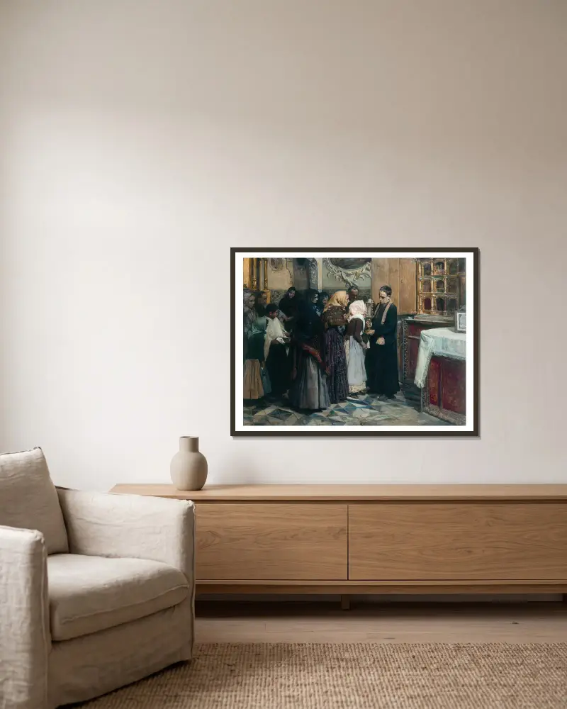 Kissing The Relic av Joaquín Sorolla inramad på en vägg