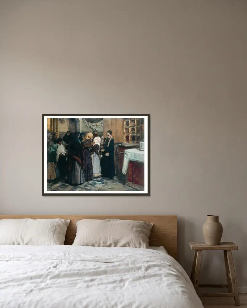 Kissing The Relic av Joaquín Sorolla inramad på en vägg