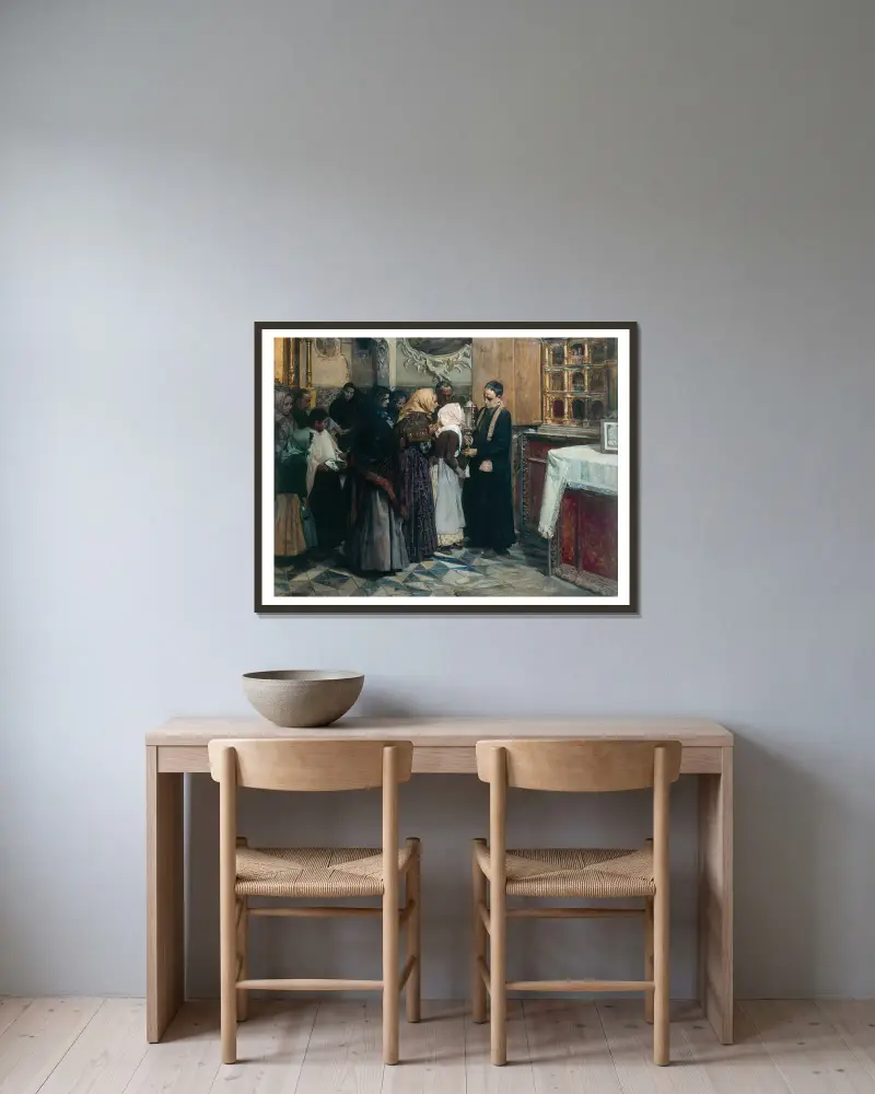 Kissing The Relic av Joaquín Sorolla inramad på en vägg