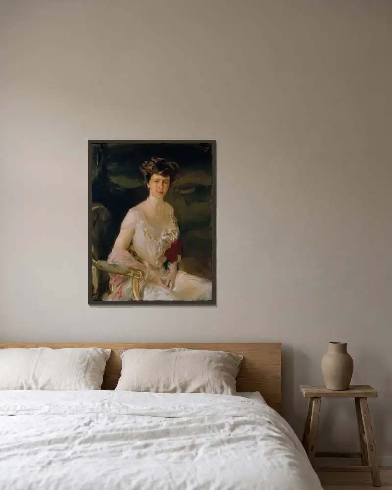Mrs. Winthrop W. Aldrich (Harriet Alexander, 1888–1972) av Joaquín Sorolla inramad på en vägg