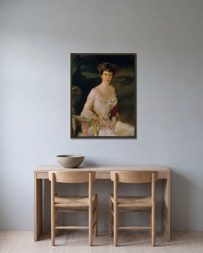 Mrs. Winthrop W. Aldrich (Harriet Alexander, 1888–1972) av Joaquín Sorolla inramad på en vägg
