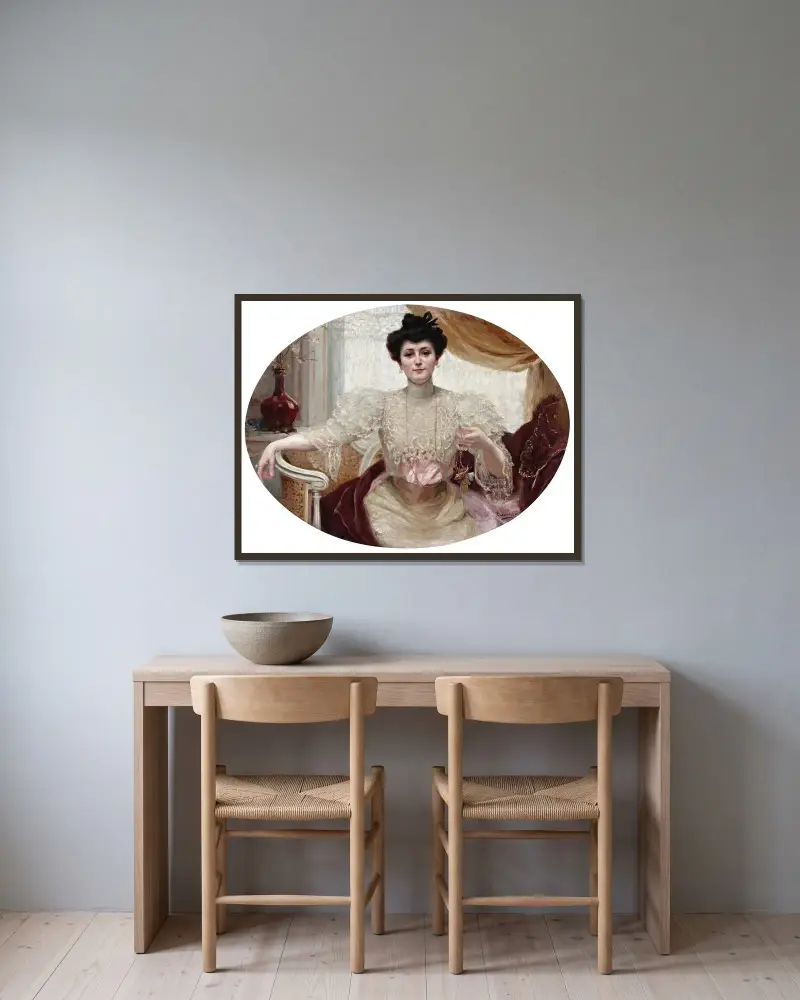 Porträtt av Luisa Martinez de Tejeda av Joaquín Sorolla inramad på en vägg