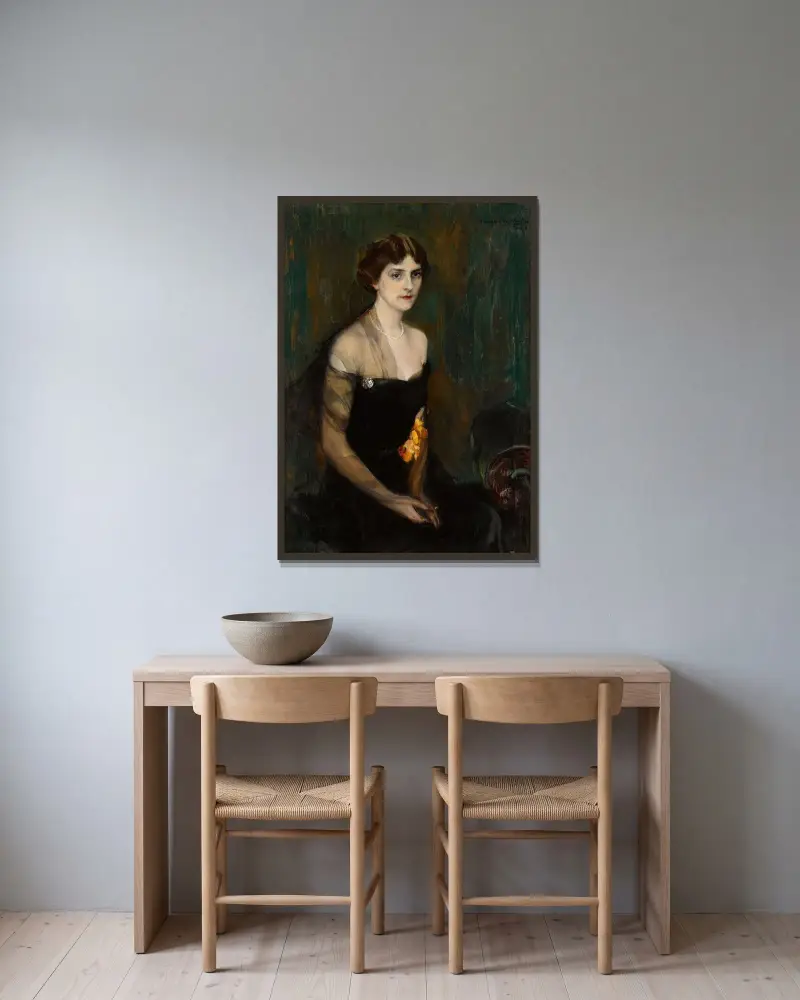 Porträtt av Mrs. Orville E. Babcock av Joaquín Sorolla inramad på en vägg