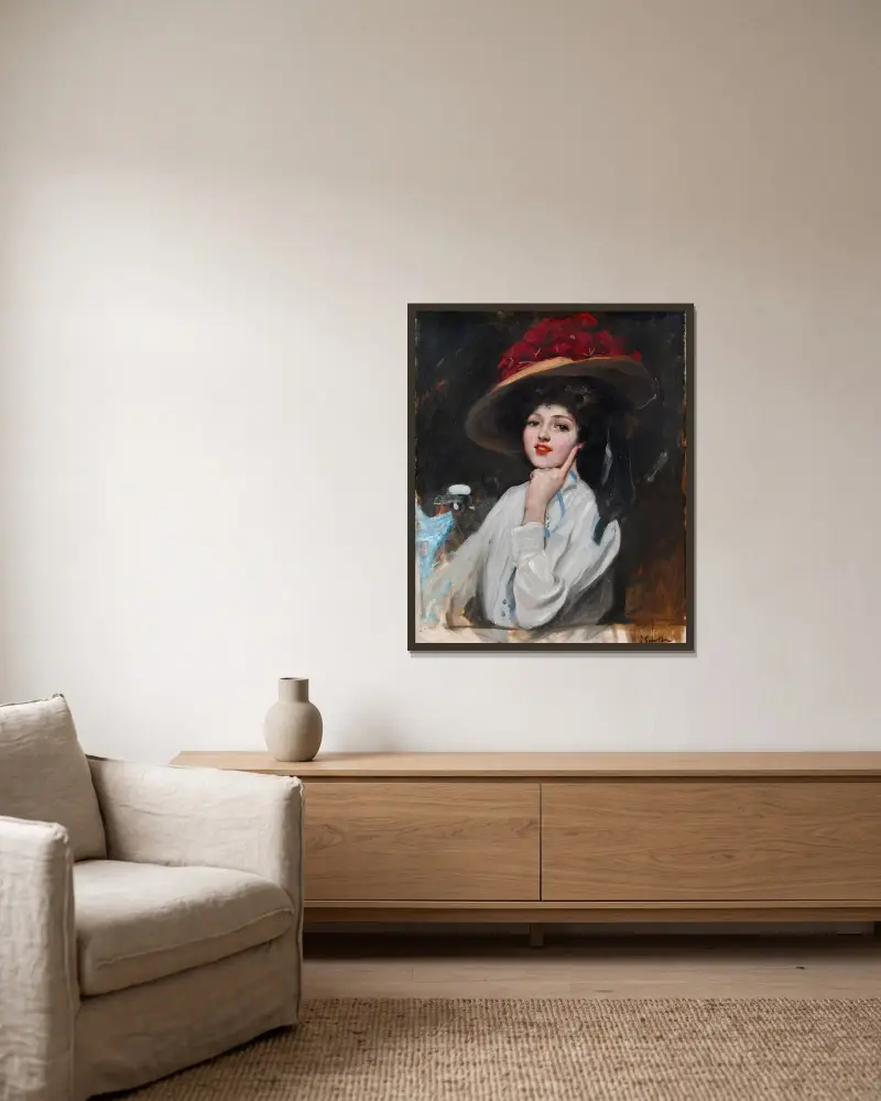 Retrato De Una Joven En Un Sombrero, Cree Que Raquel Meller av Joaquín Sorolla inramad på en vägg